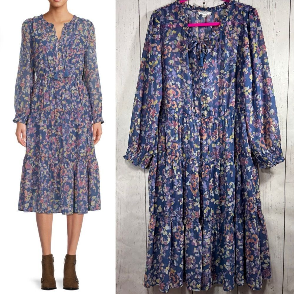 Beachlunchlounge Tiered Button Paisley Cottagecore Praire Blue Sheer Midi Dress